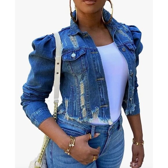 Medium Wash Blue Denim Jacket Puff Sleeve Distressed Blue Denim Cropped Jacket - Picture 3 of 4